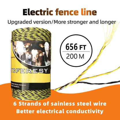 Electric Fence Polywire 656 Feet，200 Meter，6 Stainless Steel Strands for Reliable Conductivity and Rust Resistance，Portable Electric Fence Rope