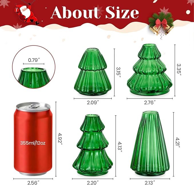 Glass Christmas Tree Propagation Stations: Hewory 4 PCS Propagation Vases for Plant Hydroponic Cutting Flowers - Green Christmas Tree Shaped Planter Pot for Home Holiday Decor Gifts
