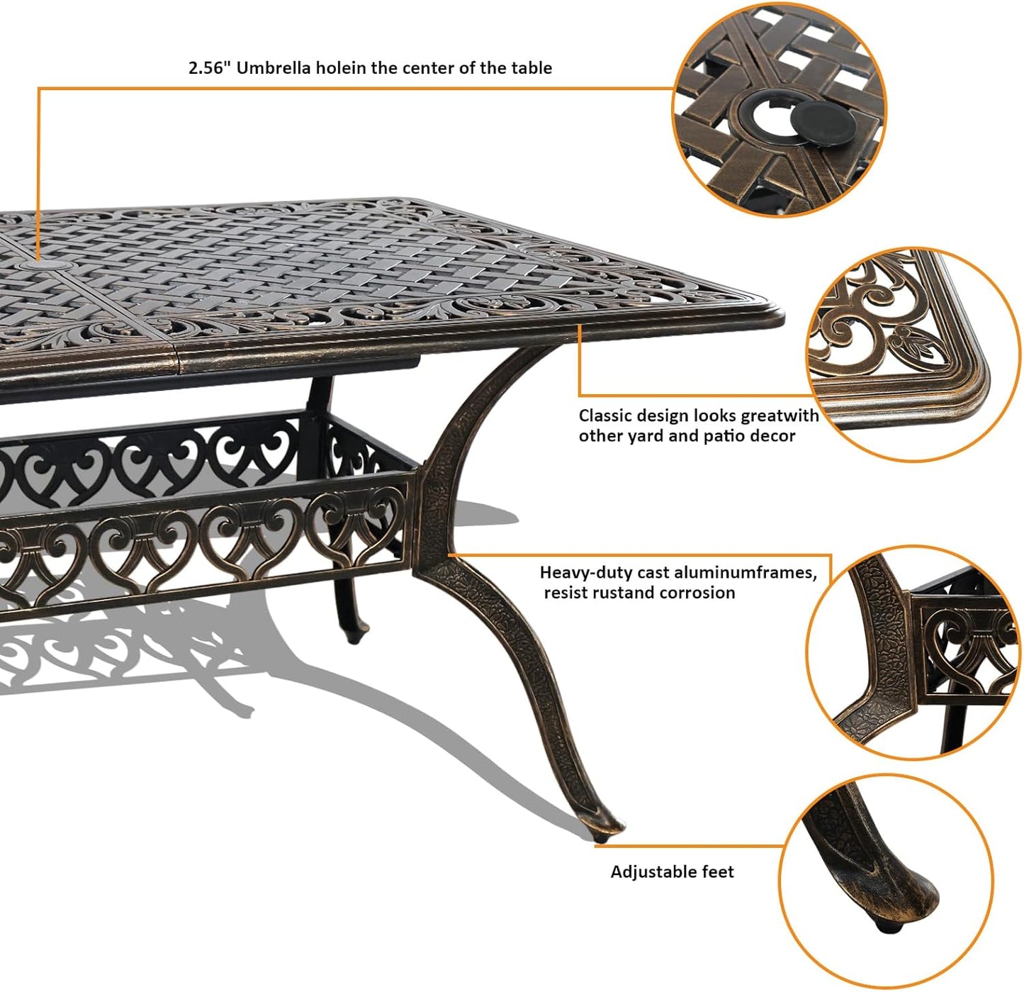 Rectangle Patio Table 59" Cast Aluminum Patio Dining Table with 2.56" Umbrella Hole, Weather-Resistant Outdoor Dining Table for 6-8 Person, Balcony Garden Table 59" x 35.5" x 29", Bronze