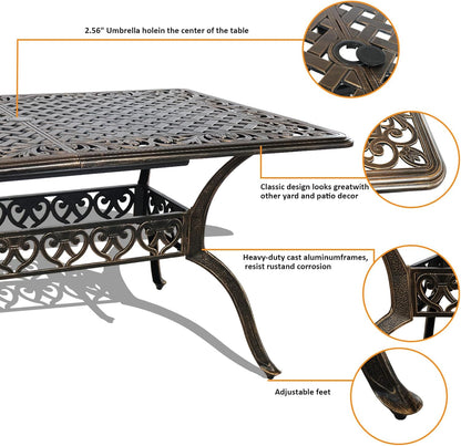 Rectangle Patio Table 59" Cast Aluminum Patio Dining Table with 2.56" Umbrella Hole, Weather-Resistant Outdoor Dining Table for 6-8 Person, Balcony Garden Table 59" x 35.5" x 29", Bronze