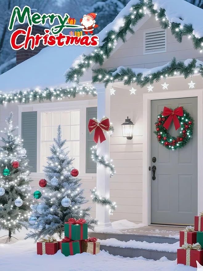 2 Pack Solar Christmas Lights Outdoor, 400 LED 144FT Extra-Long Solar String Lights Waterproof with Green Wire 8 Lighting Modes, Twinkle Light for Xmas Tree Fence Porch Garden Party Decor, Cool White