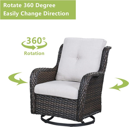 Outdoor Patio Swivel Rocker Chairs - 3 Piece Patio Bistro Set,Wicker Patio Furniture Set with 2 Swivel Rocking Chairs and 1 Glass Top Side Table for Deck Porch Garden,Brown/Beige