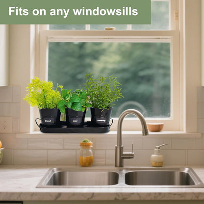 4" Herb Garden Planter Kit, Indoor Herb Planters with Tray, Set of 3 Metal Windowsill Pots for Flower Plants with Drainage Hole, Customizable Labels & Marker Pen, Black