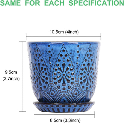 Gepege Succulent Pots, 4 Inch Small Indoor Ceramic Planter Pot with Drainage Holes and Saucers for Plants- Blue - Set of 4