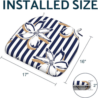 Indoor/Outdoor Chair Cushions 16x17 Inch, Patio Chair Cushions with Ties, All Weather Seat Cushions for Patio Furniture Home Garden Chair Use, Set of 4, Clemens Cabana Navy