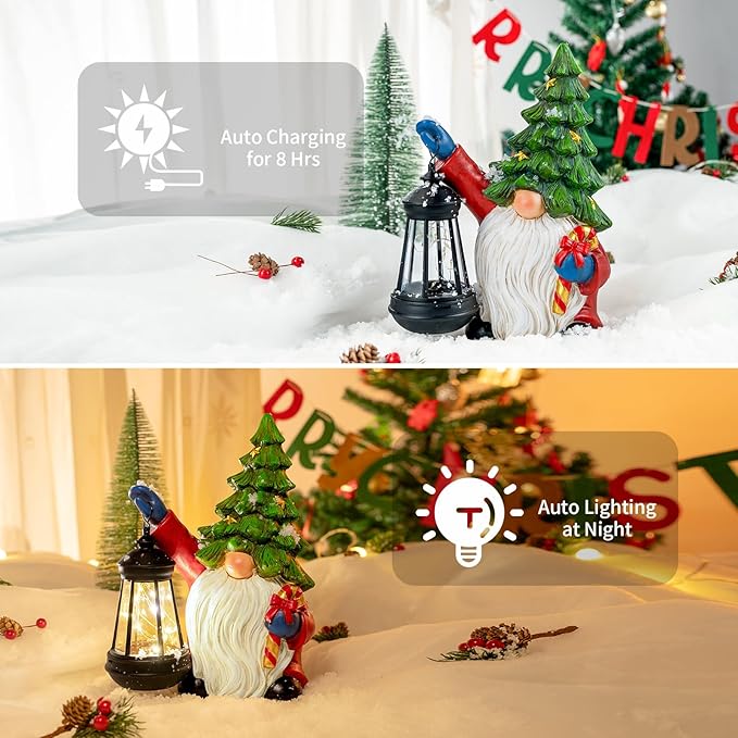 Solar Christmas Gnome Garden Decor Xmas Tree Gnome Outdoor Statue with LED Lantern - Winter Gnome Christmas Holiday Porch Patio Yard Home Decor Gifts for Mom Women, Xmas Tree Gnome