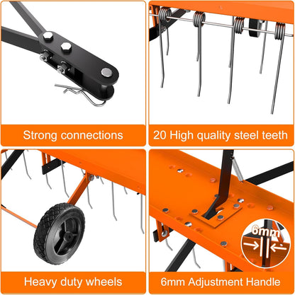 40inch Tow Behind Dethatcher with 20 Spring Steel Tines, Lawn Tractor Rakes with Lift Handle, Tow Behind Rake to Remove Thatch, Riding Lawn Mower Attachments for Outdoor Yard Tools Lawn Care