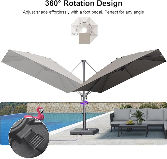 PURPLE LEAF 10' X 10' Swivel Outdoor Patio Aluminum Umbrella with Base Left-right Tilting Cantilever Offset Umbrella with UV Resistant Heavy Duty Fabric for Deck Pool Patio Backyard, Ash Mocha