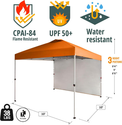 CROWN SHADES 10x10 Pop Up Canopy with 1 Side Wall - Beach Tent with One Push Setup - Outdoor Sun Shade for Events, Parties, Camping - Gazebo with STO-N-Go Cover Bag (Orange)