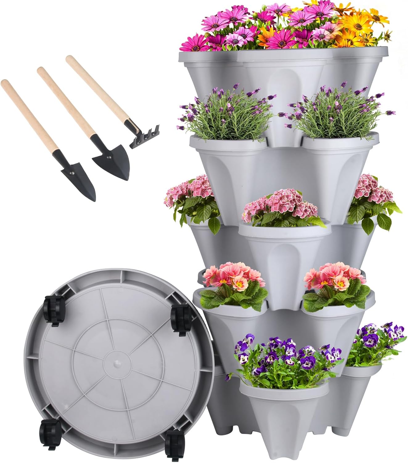 Vertical Planter 5 Tier Stackable Planters Garden Planters Strawberry Herb Flower and Vegetable Planter Indoor Outdoor Gardening Pots with Removable Wheels and Tools