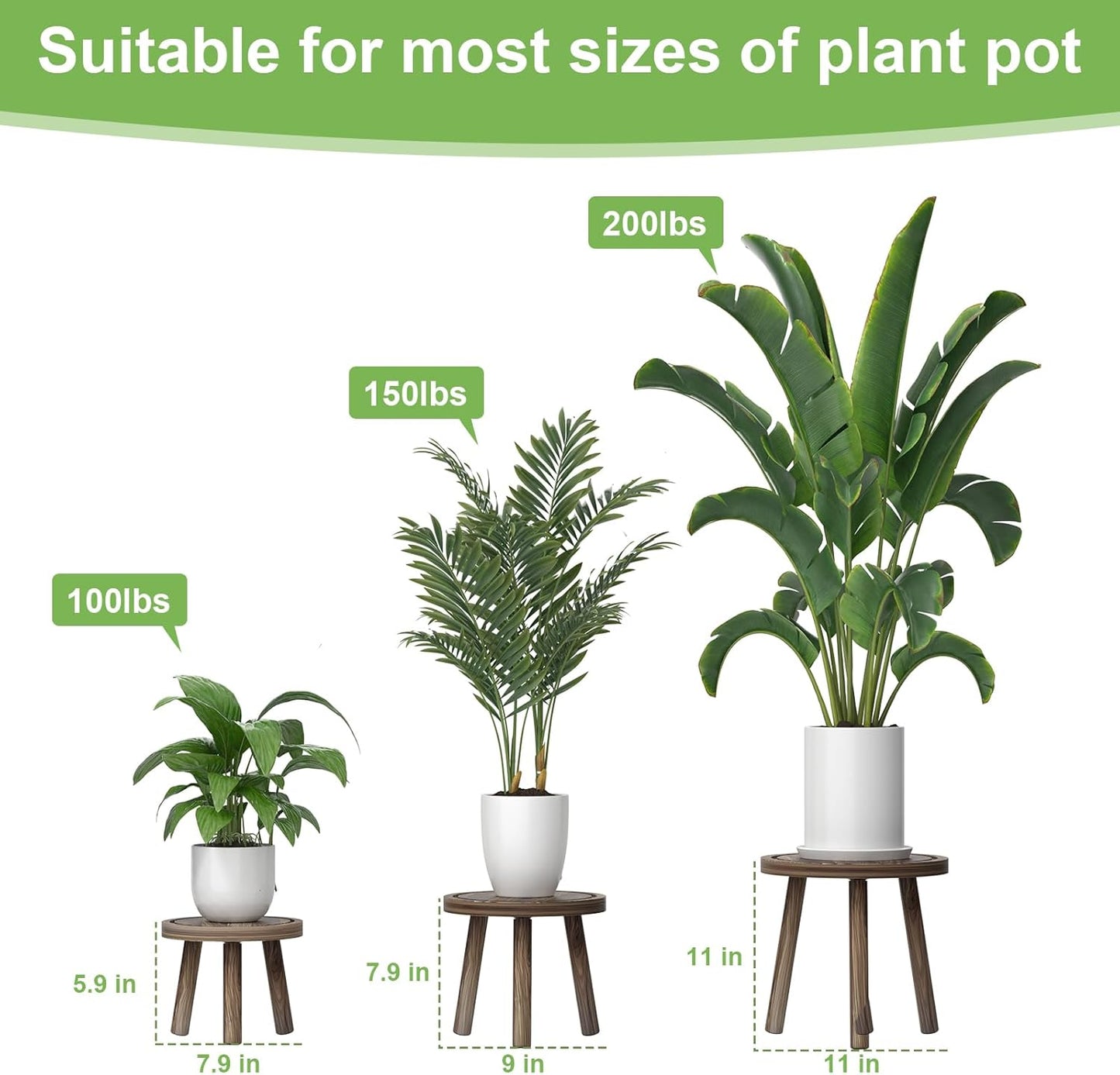 3-Pack Wood Plant Stands Indoor, Single Plant Stand for 6-12 Inch Pots, Mid-Century Modern Plant Stool, Tall Plant Stand for Large Plants for Living Room, Balcony, Office (Dark Brown)