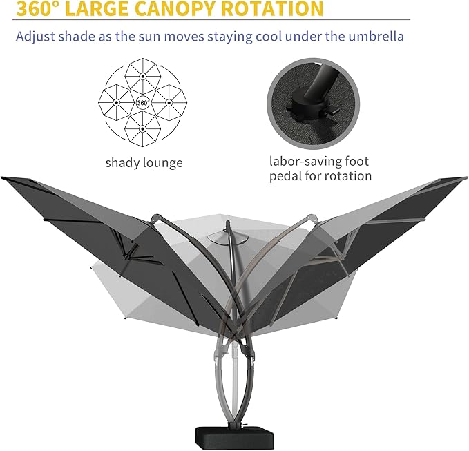 Kingdura 11ft Cantilever Patio Umbrella with Base Included, Large Round Offset Outdoor Pool Umbrella, 360° Rotation & Infinite Tilt, Heavy Duty Aluminum Frame for Deck Backyard, Grey