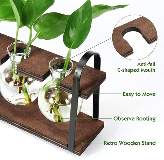 THYGIFTREE Plant Propagation Stations with Wooden Stand, Desktop Retro Plant Terrarium Bulb Vase for Indoor Hydroponic Flowers, Tabletop Glass Planter Housewarming Gifts for Plant Lovers