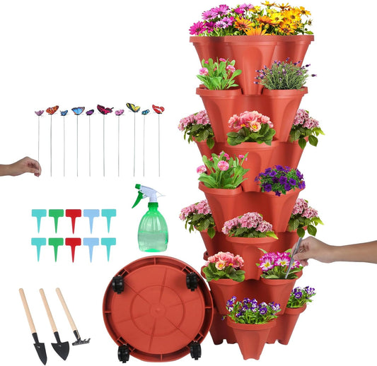 DUNCHATY Stackable Planter Vertical Strawberry Planter with Garen Tool Set Self Watering Garden Planter Indoor/Outdoor 7 Tier Garden Tower Herb Planter for Growing Vegetables and Succulents Clay Red