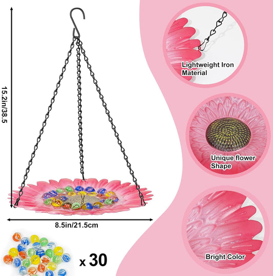 Bee Watering Station for Garden, Bee Bath Feeders for Outside with Vivid Flower Design, Hanging Butterfly Bath Bowl with Glass Balls for Outdoor Courtyard Decoration (1Pcs-Pink)