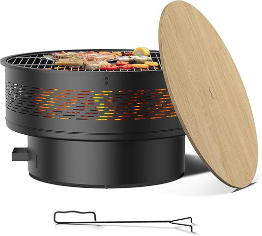 32" Fire Pits with Cooking Grill, Fire Pit Table with Lid & Fire Poker, Round Wood Burning Firepit for Outside, Multifunctional Outdoor Fire pits for BBQ, Table, Picnic, Camping, Bonfire Party