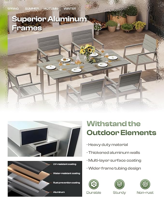 Outdoor Dining Set for 6, Patio Table and Chairs Set with Umbrella Hole, 7 Pieces HDPS Outdoor Furniture Sets for Patio, Garden, Backyard (Silver & Gray)