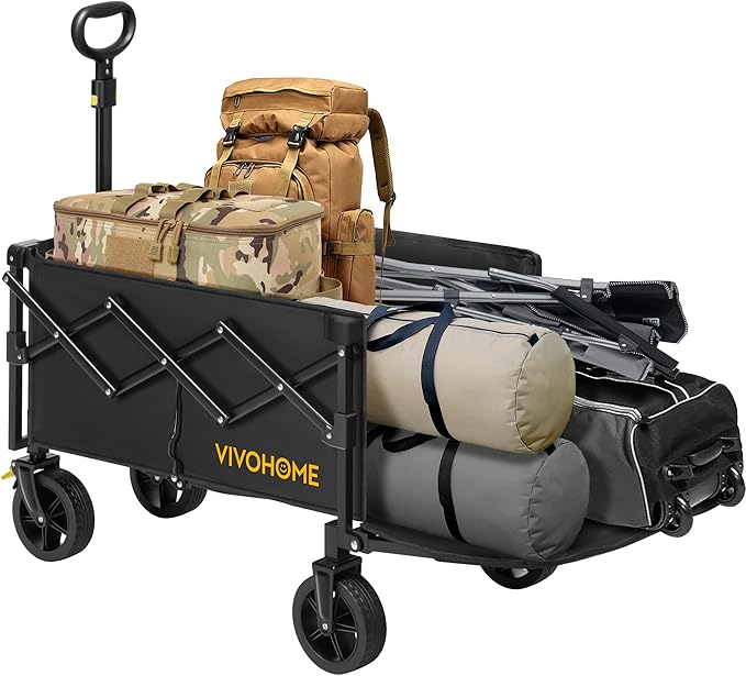 VIVOHOME 130L Collapsible Wagon with Tailgate, 320lb Load-Bearing Outdoor Utility with All-Terrain Wheels, Adjustable Handle, Cup Holders for Camping, Shopping, Garden, Sports, Picnic, Black