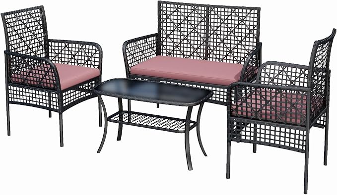 4-Piece Patio Furniture Set, Weather-Resistant Rattan Patio Conversation Set with Two-Tier Coffee Table, Upholstered Openwork Wicker Furniture for Porch, Garden, Lawn, Red