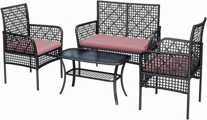 4-Piece Patio Furniture Set, Weather-Resistant Rattan Patio Conversation Set with Two-Tier Coffee Table, Upholstered Openwork Wicker Furniture for Porch, Garden, Lawn, Red