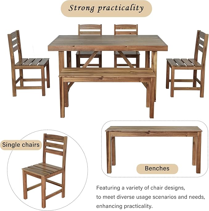 Outdoor, Residential Dining Table, 4-Chair ，Bench Set, 6PC,Wooden Frame,Patio, Balcony, Backyard,Gardens, Poolside