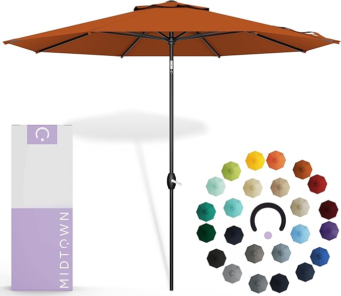 Midtown Umbrellas The Lean 10 Feet Outdoor Umbrella With Sunbrella Terracotta Acrylic Fabric - 8 Ribs Aluminum Frame Patio Umbrella With Zinc Alloy Crank Lift And Auto-Tilt System