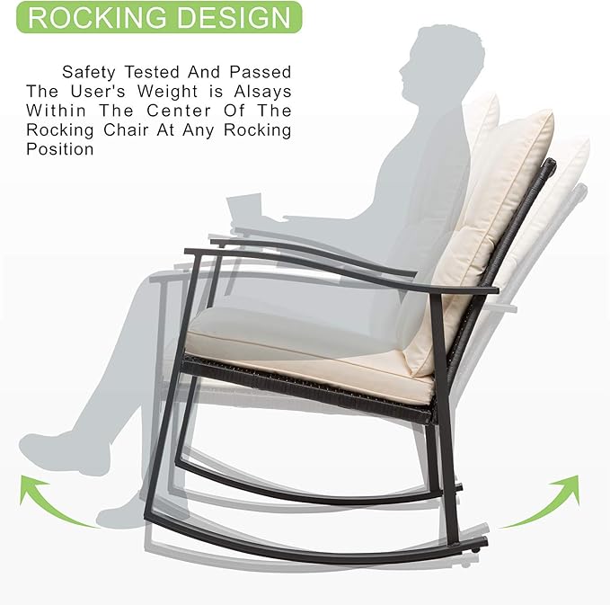 Vongrasig 3 Piece Outdoor Rocking Chair Set, PE Wicker Rattan Small Bistro Set, Front Porch Furniture Rocking Chairs Set of 2, Cushioned Patio Rocker Chair Set with Glass Table (Beige)