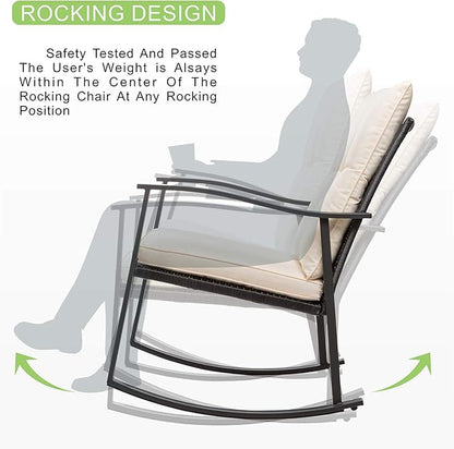 Vongrasig 3 Piece Outdoor Rocking Chair Set, PE Wicker Rattan Small Bistro Set, Front Porch Furniture Rocking Chairs Set of 2, Cushioned Patio Rocker Chair Set with Glass Table (Beige)