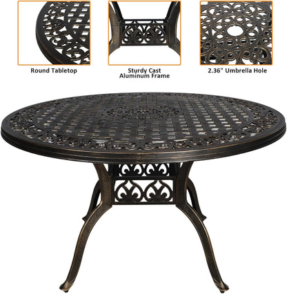 48 Inch Outdoor Dining Table Round Patio Table Powder-Coated Cast Aluminum Frame for Garden with Umbrella Hole (Bronze)