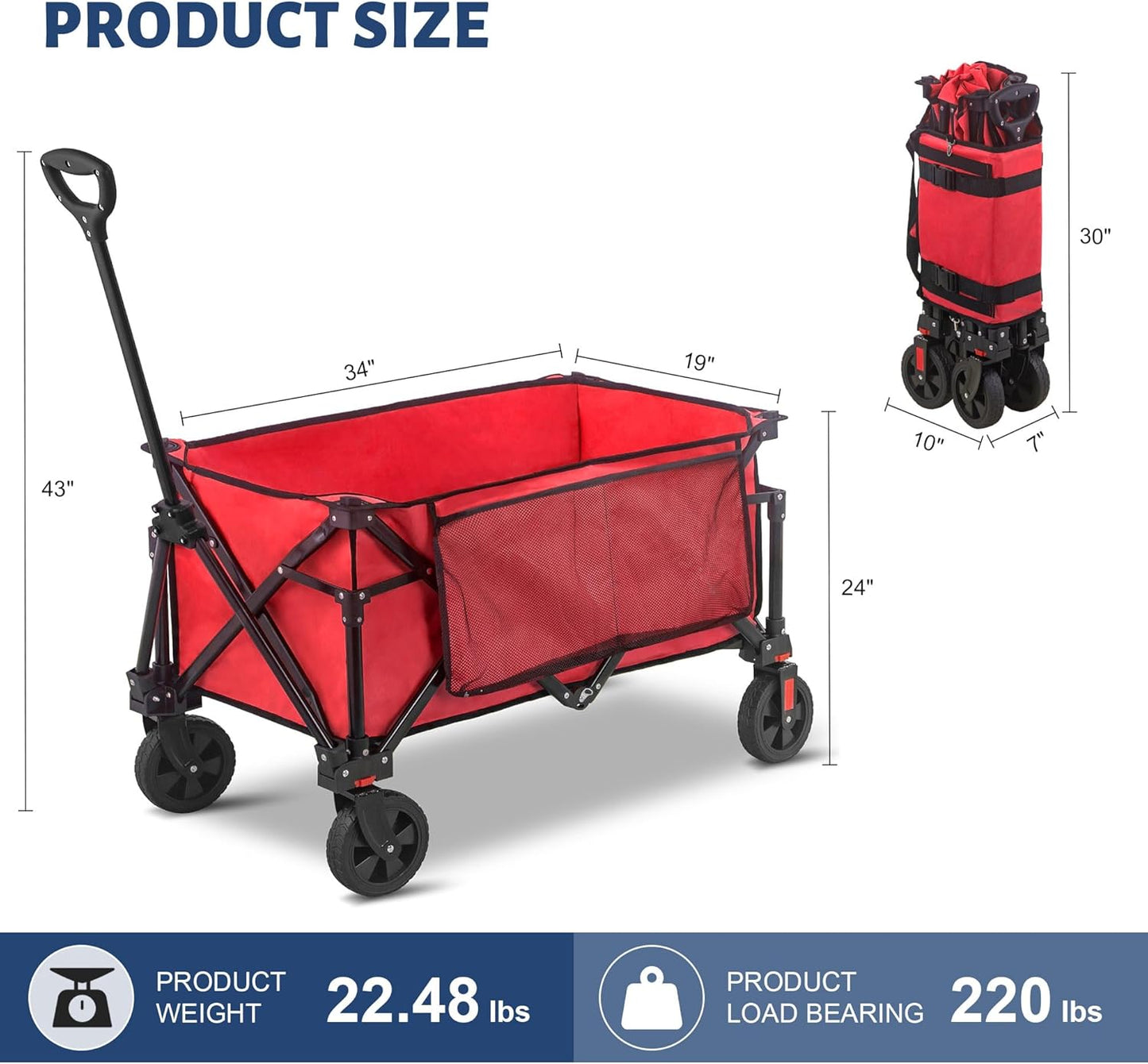 Collapsible Folding Wagon Cart, 220LBS Heavy Duty Foldable Utility Garden Cart with All Terrain Wheels & Side Storage Bag, Portable Sports Wagon for Camping, Shopping, Garden. (Red)