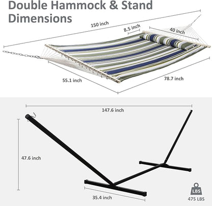 SUNCREAT Double Hammock, Extra Large Quilted Fabric Swing with Hardwood Spreader Bars & Detachable Pillow, Heavy Duty, Perfect for Indoor/Outdoor Patio, Deck, Yard, Blue&Aqua