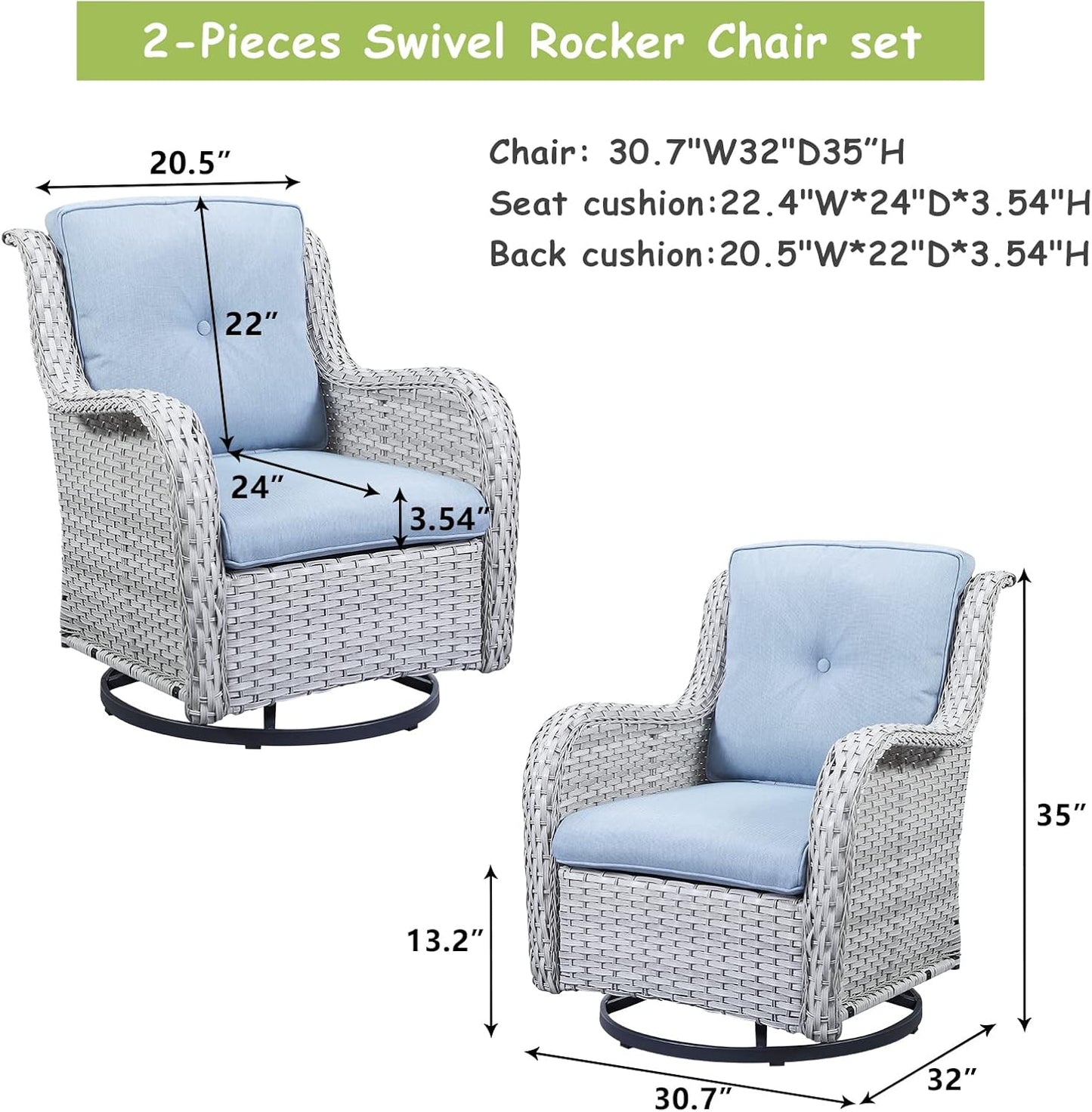 Outdoor Patio Swivel Rocker Chairs - Wicker Rattan Patio Swivel Rocking Chairs Set of 2 with High Back,Deep Seating and Comfort Cushions for Deck Porch Garden,Light Grey/SkyBlue