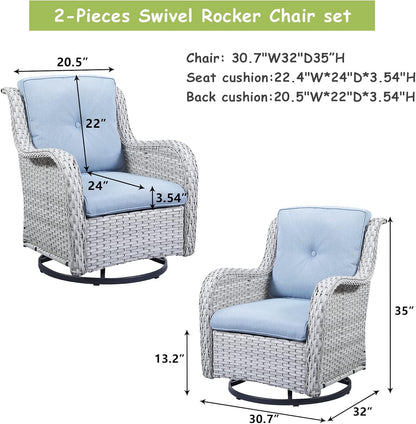 Outdoor Patio Swivel Rocker Chairs - Wicker Rattan Patio Swivel Rocking Chairs Set of 2 with High Back,Deep Seating and Comfort Cushions for Deck Porch Garden,Light Grey/SkyBlue