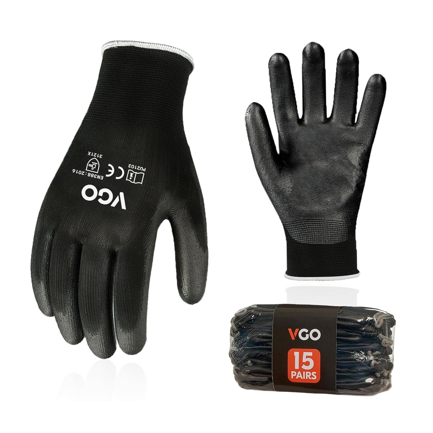 Vgo... 15-Pairs Safety Work Gloves, Gardening Gloves, Polyurethane Coated, Dipping Gloves, Latex Free (Size S, Black, PU2103)