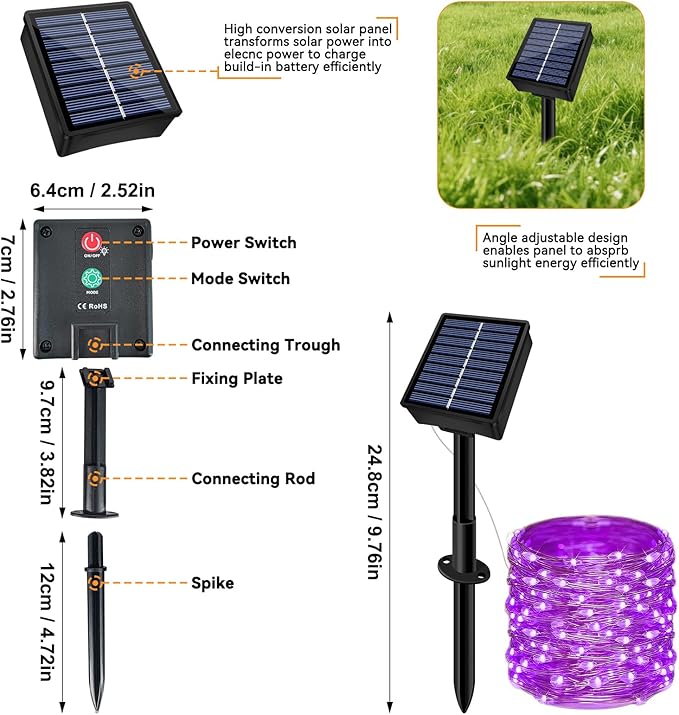 Solar String Lights Outdoor Waterproof 2 Pack Total 66ft 200LED 8 Modes Twinkle Lights Solar Fairy Lights for Patio, Garden Yard Party Wedding Tree Christmas Halloween Decoration, Purple