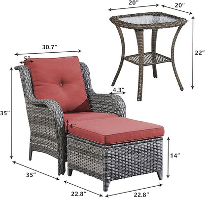 Rilyson Outdoor Patio Furniture Chairs Set - 5 Piece Wicker Rattan Patio Sectional Conversation Sets with 2 Armrest Chairs,2 Ottomans and Side Table for Porch Deck Balcony Garden(Mixed Grey/Red)