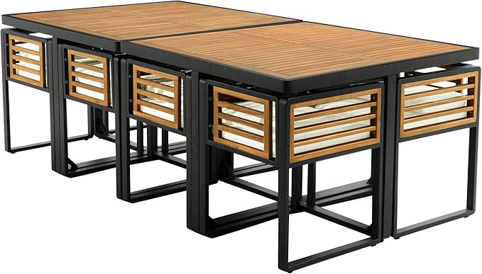 Merax 18 Pieces Outdoor Dining Set for 16 People, Acacia Wood Patio Furniture Sets with 2 Square Tables, 8 Cushioned Chairs and 8 Ottomans for Backyard, Garden, Lawn, Poolside, Beige