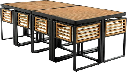 Merax 18 Pieces Outdoor Dining Set for 16 People, Acacia Wood Patio Furniture Sets with 2 Square Tables, 8 Cushioned Chairs and 8 Ottomans for Backyard, Garden, Lawn, Poolside, Beige