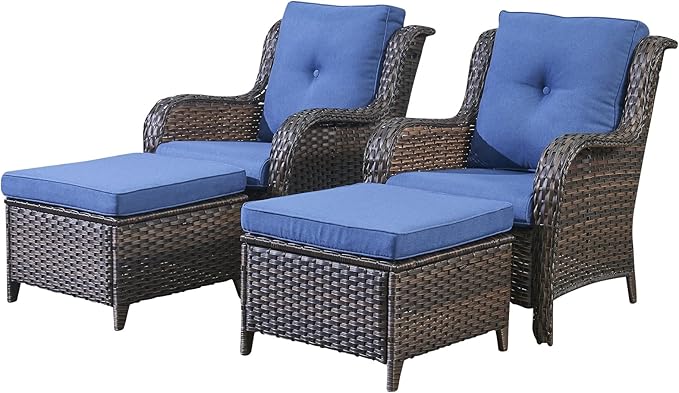 Rilyson Wicker Patio Furniture Set - 4 Piece Rattan Outdoor Sectional Conversation Sets with 2 Chairs and 2 Ottomans for Porch Deck Garden(Brown/Blue)