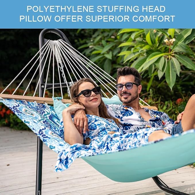 Lazy Daze Hammocks 12FT Quilted Fabric Hammock with Soft Pillow, Double 2 Person Tree Hammock with Spreader Bar for Outdoor Outside Patio Garden Yard Pool Beach, 450lbs Capacity