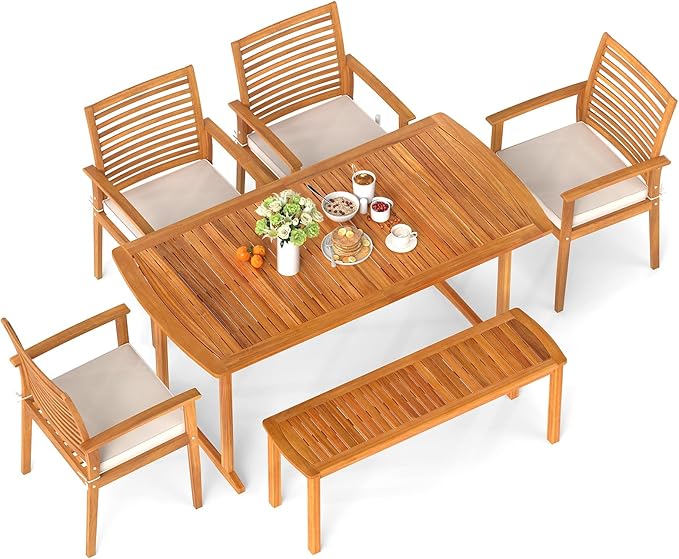 Tangkula 6 Pieces Outdoor Acacia Wood Dining Set, Rectangle Patio Dining Table with Umbrella Hole and 4 Cushioned Chairs and Bench, for Backyard Garden Poolside Deck