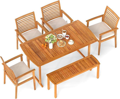 Tangkula 6 Pieces Outdoor Acacia Wood Dining Set, Rectangle Patio Dining Table with Umbrella Hole and 4 Cushioned Chairs and Bench, for Backyard Garden Poolside Deck