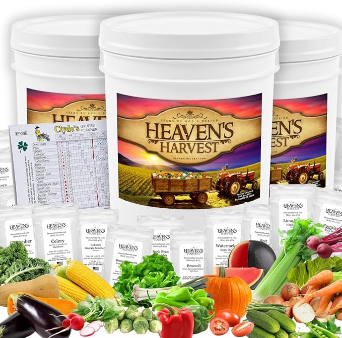 Heaven’s Harvest “10 Year Garden” Survival Seed Bank Kit | Over 75k Non GMO Heirloom Vegetable Survival Seeds + 2 Free Bonus Items: Clyde’s Garden Planner + Seed Vault Storage Drum for 10 Year Storage