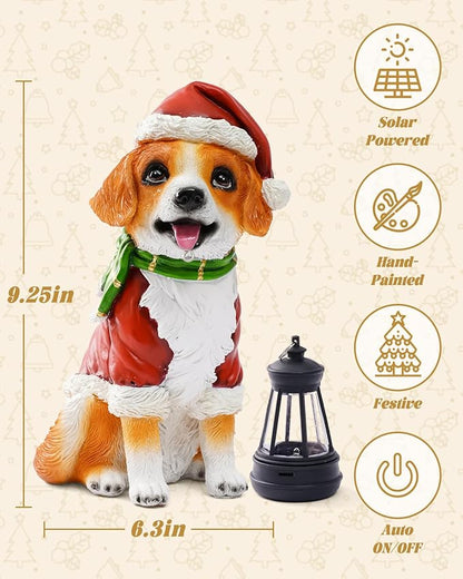 Christmas Dog Garden Statue with Solar Lantern – Santa Dog Figurine in Red Coat & Hat, Outdoor Christmas Yard & Porch Decorations, Balcony & Lawn Decor, for Dog Lovers