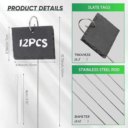 12 Sets Plant Labels Slate Plant Tags Garden Sign Marker Weatherproof Reusable Natural Slate Garden Sign Hanging Tag with Metal Stake and Pen for Outdoor Flower Vegetable(Rectangle)