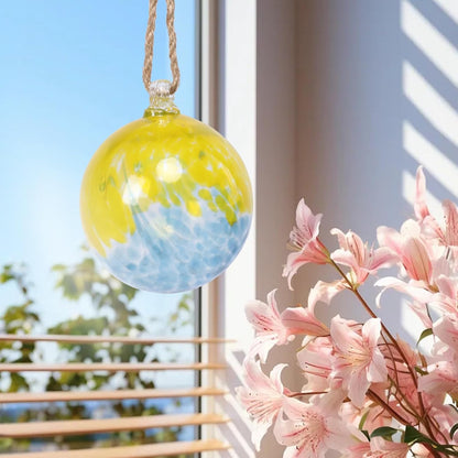 VCUTEKA Hanging Garden Gazing Ball, Hand-Blown Glass Witch Ball for Outdoor Garden Décor, 6" Blue Yellow Swirl