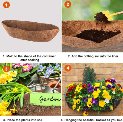 2 Pack Trough Coco Liner Fiber Replacement for Planters, 24/30/36/48 inch Half Moon Coconut Coir Planter for Window Box/Hanging Trough Planter, Garden Flower Vegetables Pot, Fence Flower Baskets