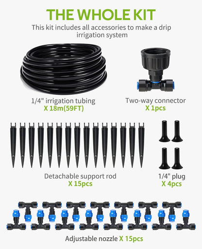 HIRALIY 59FT Greenhouse Misting Drip Irrigation Kit, Hanging Plant Watering, Garden Watering System with 1/4" Blank Tubing and Misting Nozzles, Quick Connector Design Automatic Irrigation System