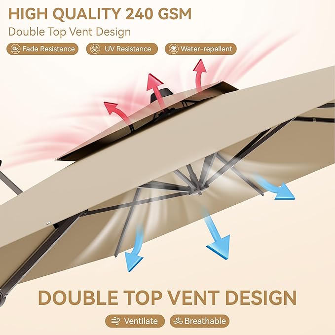 10x13 FT Patio Umbrella, Large Cantilever Rectangular Double Top Heavy Duty Offset Umbrellas with 360° Rotation, Outdoor shade for Garden Deck Pool Patio, Tan