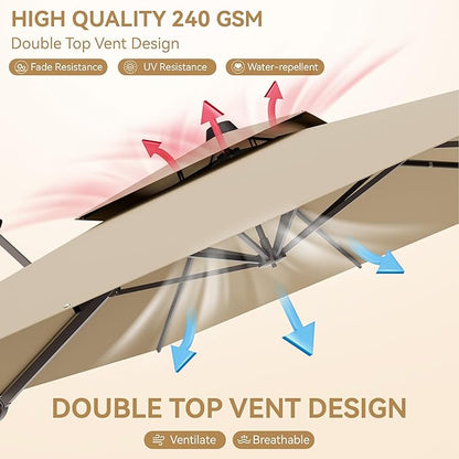 10x13 FT Patio Umbrella, Large Cantilever Rectangular Double Top Heavy Duty Offset Umbrellas with 360° Rotation, Outdoor shade for Garden Deck Pool Patio, Tan